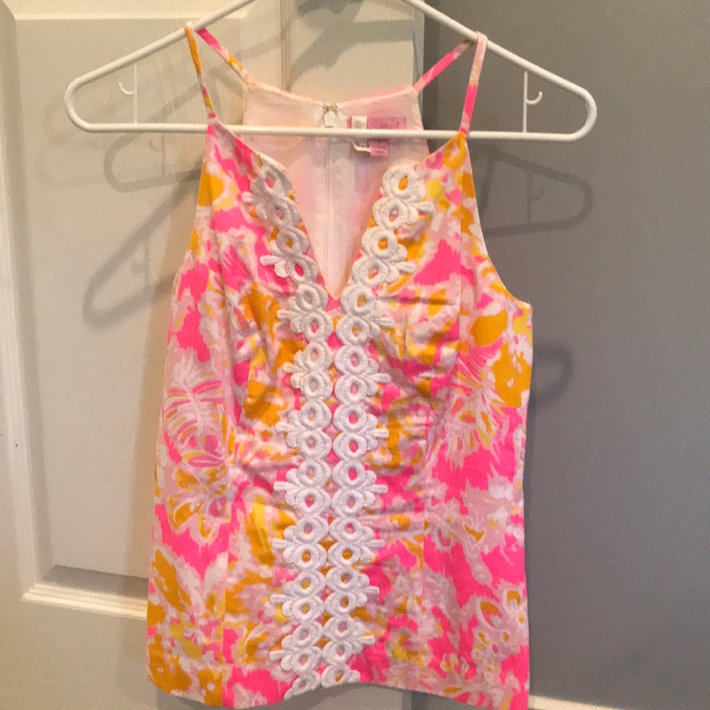 Lilly Pulitzer Pink & Yellow Floral Lace-Trim Tank Top